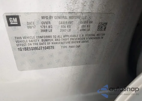 2018 Chevrolet Cruze Lt Auto из США, поврежденный, VIN 1G1BE5SM6J7104579